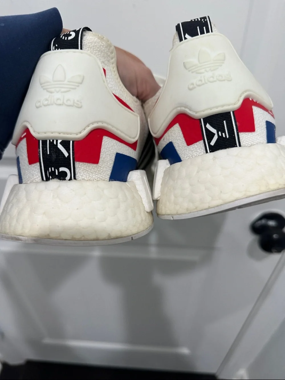 adidas White NMD R1 with Black Stripes and Red/Blue Accents SZ 14